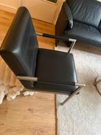 Zwarte leren fauteuil met metalen frame, Huis en Inrichting, Stoelen, Ophalen, Gebruikt, Zwart, Leer
