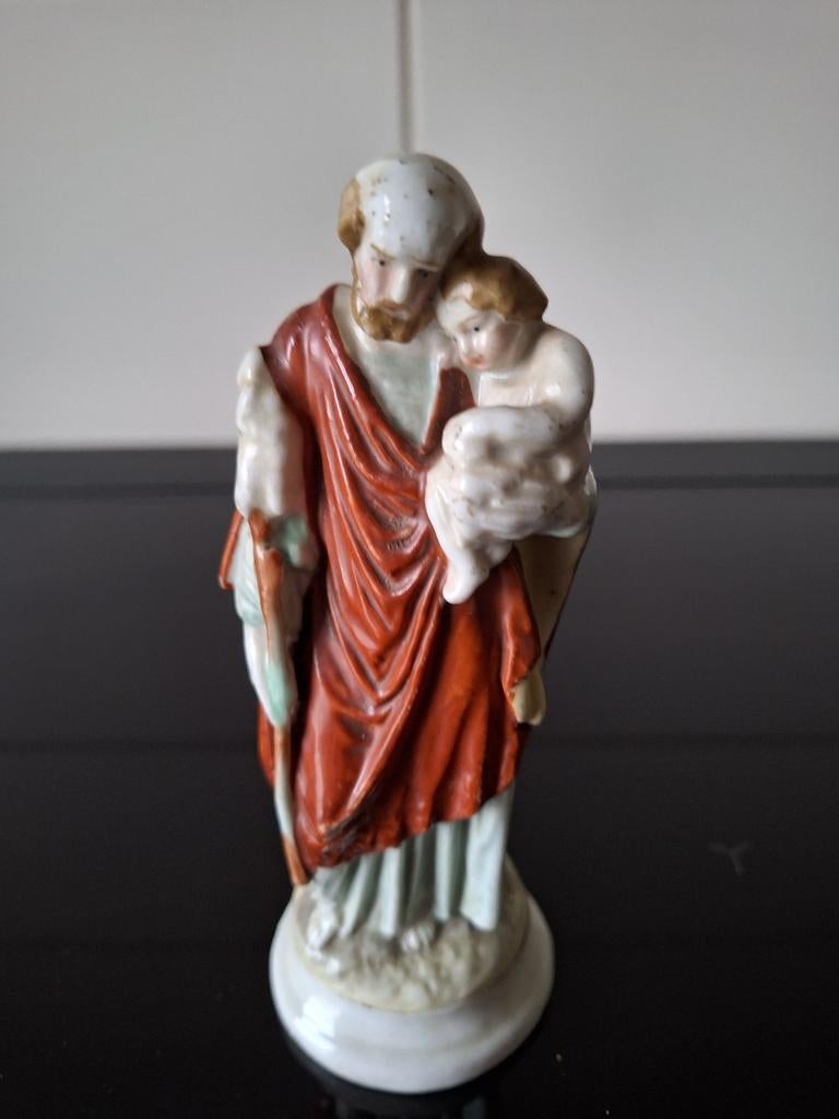 Antiek beeldje van Jozef met kindje Jezus, Antiek en Kunst, Antiek | Religie, Ophalen of Verzenden