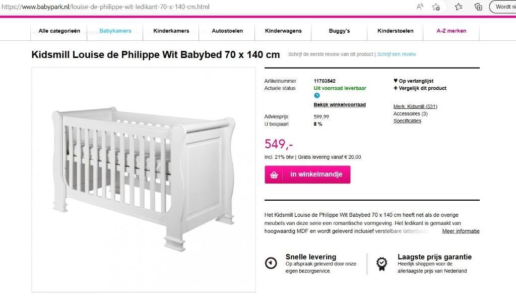 kinderbed Kidsmill Louis de Philippe, Gebruikt, 70 tot 85 cm, Minder dan 140 cm, Ophalen