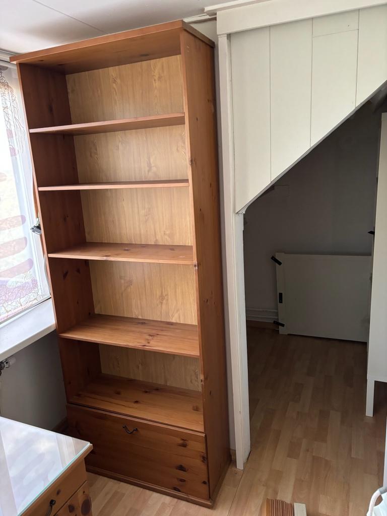 Landelijke grenen werkset - bureau, boekenkast & TV-meubel, Ophalen, Gebruikt, Hout, Bruin