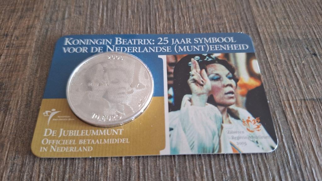 Zilveren 10 euro munt Koningin Beatrix 25 jaar coincard 2005, Koningin Beatrix, Zilver, Euro's, Ophalen of Verzenden