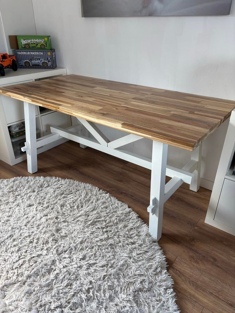 Eettafel acacia blad met witte poten - 80x160 cm, Huis en Inrichting, Tafels | Eettafels, Ophalen, Gebruikt, 50 tot 100 cm, 150 tot 200 cm