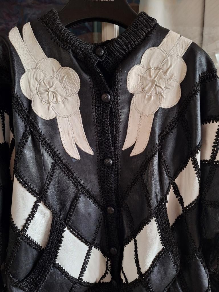 Vintage zwart-witte leren jas met ruitpatroon, Kleding | Dames, Zwart, Maat 46/48 (XL) of groter, Ophalen of Verzenden, Vintage