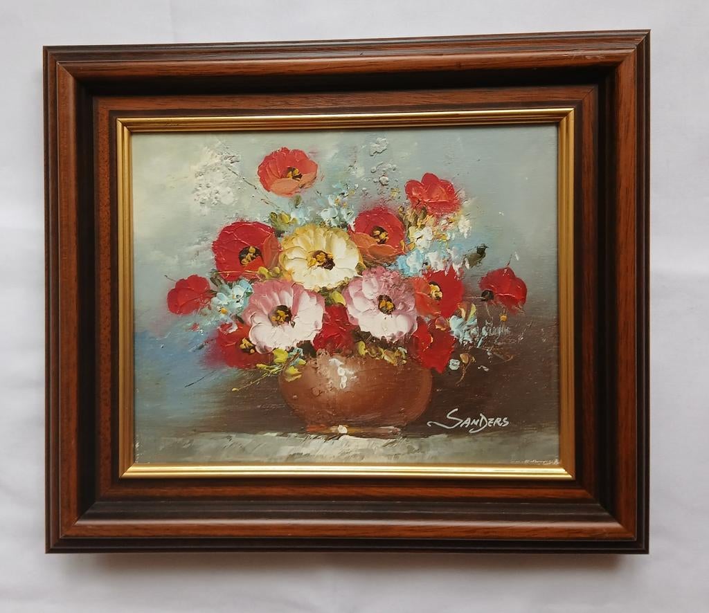 Bloemstilleven, olieverf op linnen, gesigneerd Sanders, Antiek en Kunst, Ophalen of Verzenden