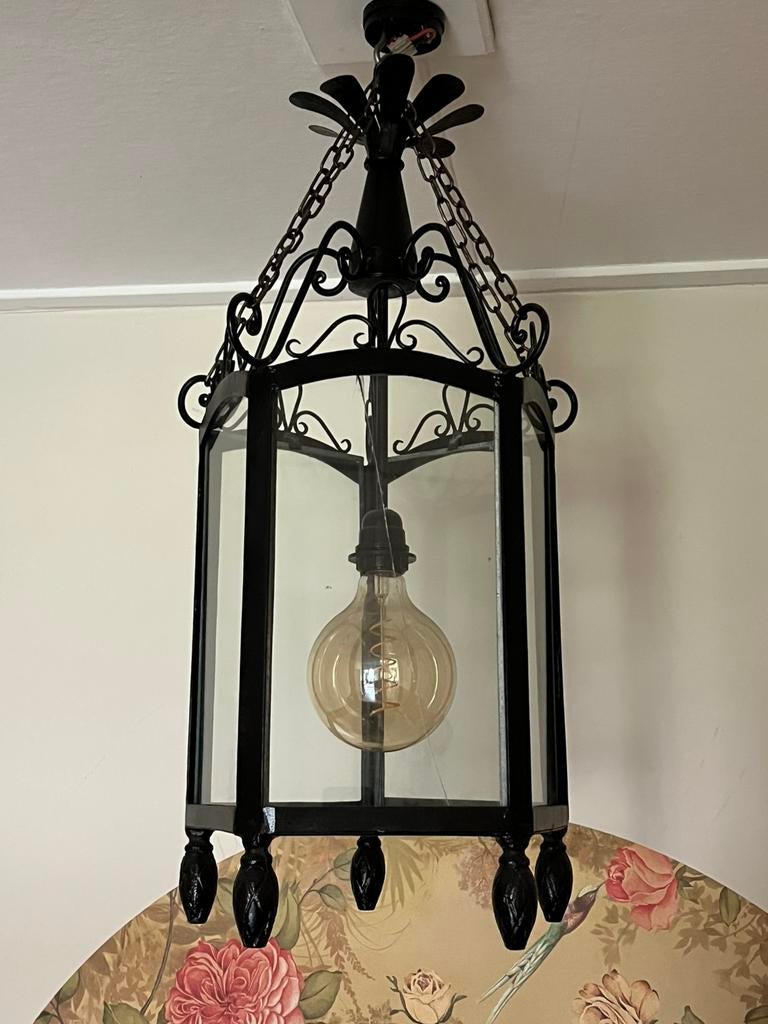 Zware ijzeren hanglantaarn, Huis en Inrichting, Lampen | Hanglampen, Ophalen, Gebruikt, Glas, 75 cm of meer