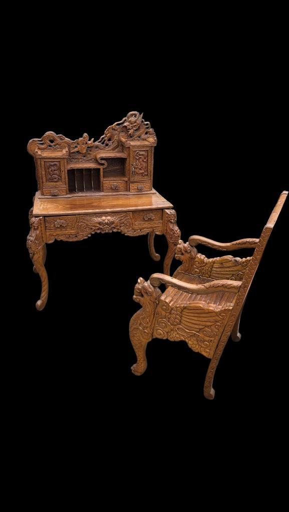 Antiek Chinees bureau met stoel - 19e eeuw, Antiek en Kunst, Antiek | Meubels | Tafels, Ophalen of Verzenden