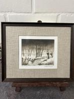 Gekaderde ets van bomen bij rivier handtekening kunstenaar, Antiek en Kunst, Kunst | Etsen en Gravures, Ophalen of Verzenden