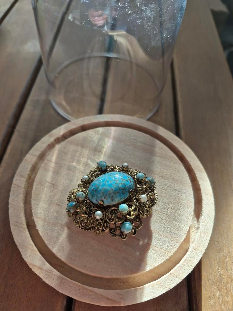 Vintage (West) Germany broche met turkoois en parels, Sieraden, Tassen en Uiterlijk, Broches, Met strass, Overige materialen, 4 tot 7 cm