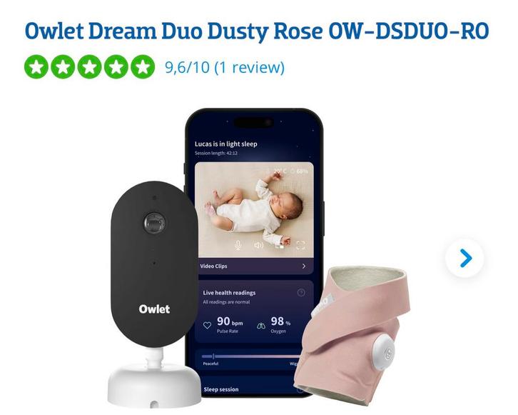 Owlet Dream Duo Bedtime Baby Monitor + Dream Sock (Roze), Kinderen en Baby's, Babyfoons, Zo goed als nieuw, 100 tot 250 meter