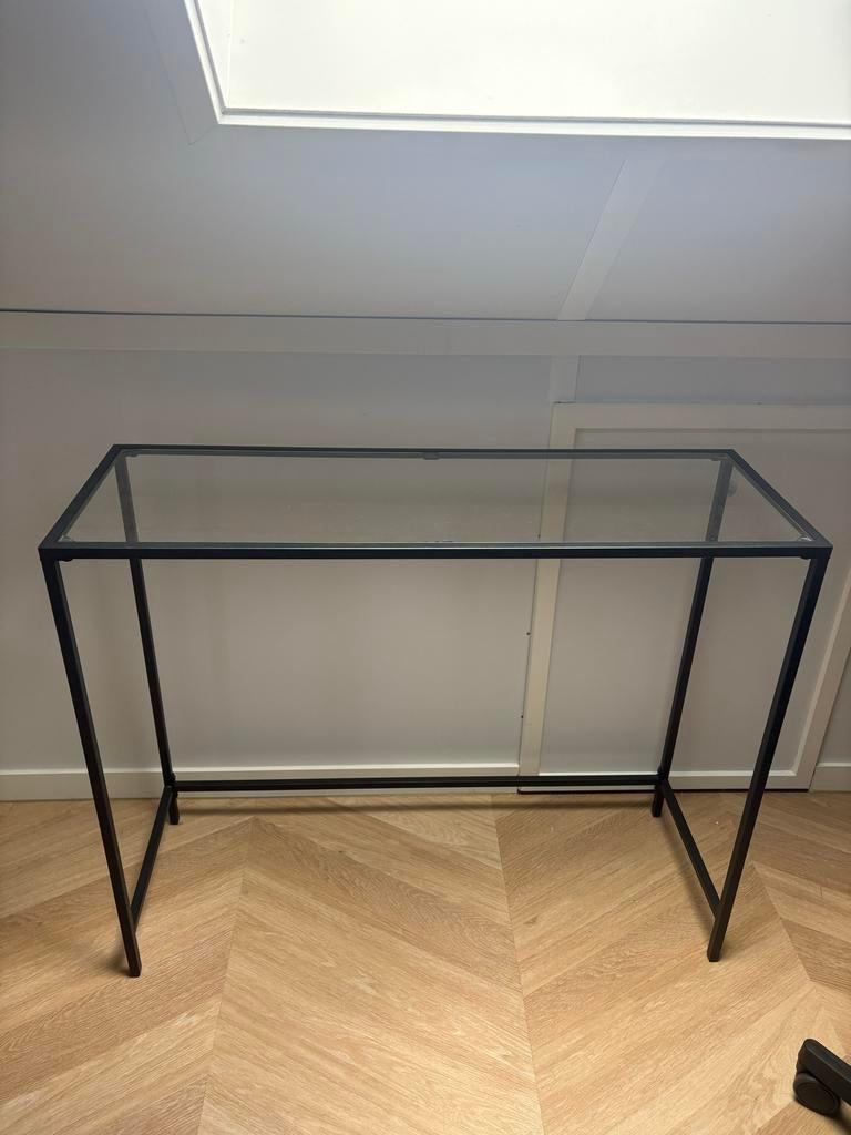 Moderne Console Tafel met Glazen Blad en Metalen Frame, Ophalen, Gebruikt, 50 tot 100 cm, Glas