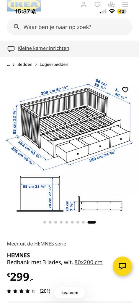 IKEA Hemnes bedbank, wit, Ophalen, Verstelbaar, Eenpersoons, Wit