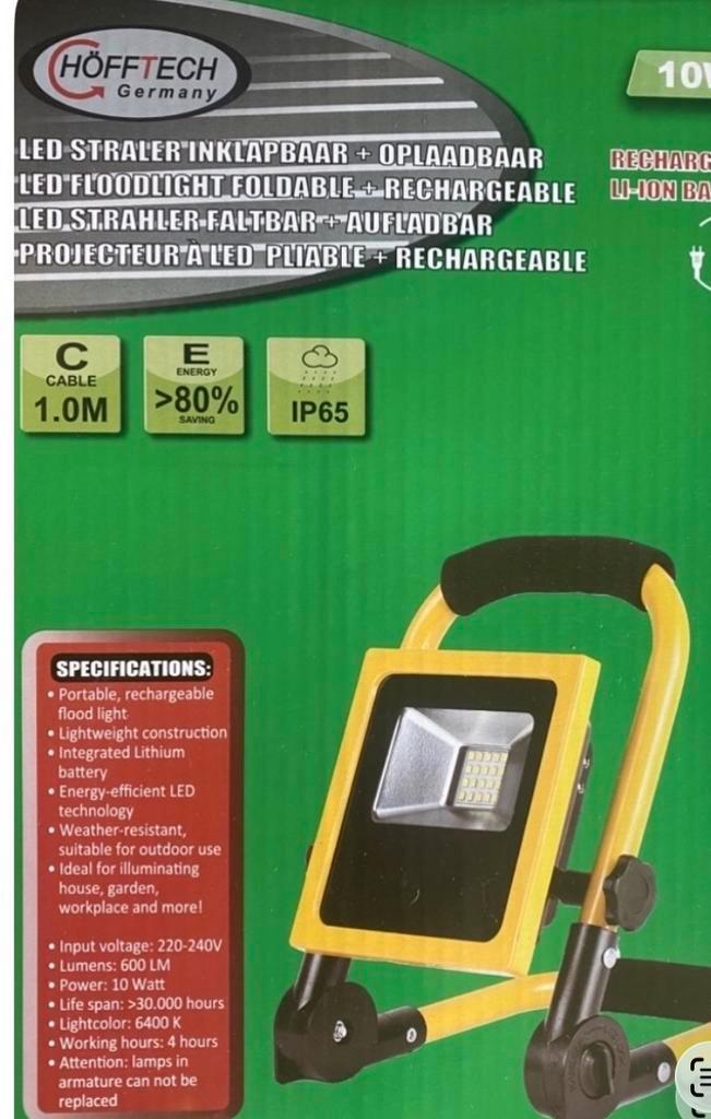 Höfftech LED Bouwlamp 10W Oplaadbaar IP65 - Draagbaar, Tuin en Terras, Buitenverlichting, Nieuw, Ophalen of Verzenden