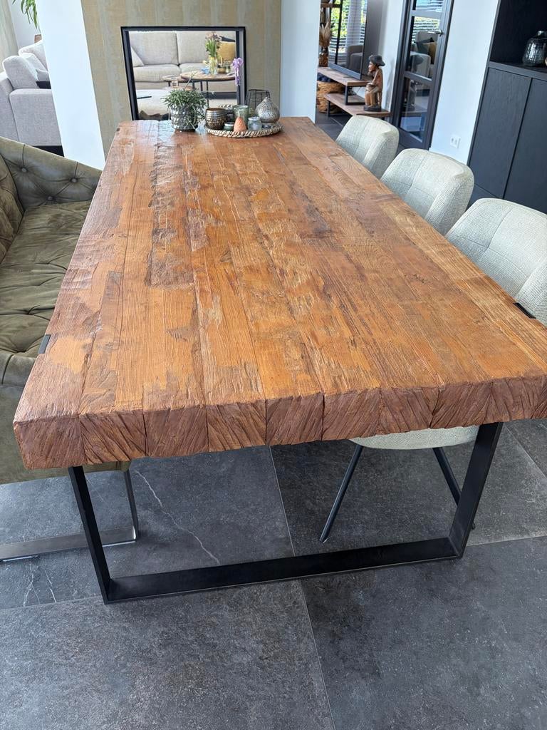 Robuuste eetkamertafel oud teak 'old wood' - Piet Klerkx, Ophalen, Gebruikt, 100 tot 150 cm, Teakhout