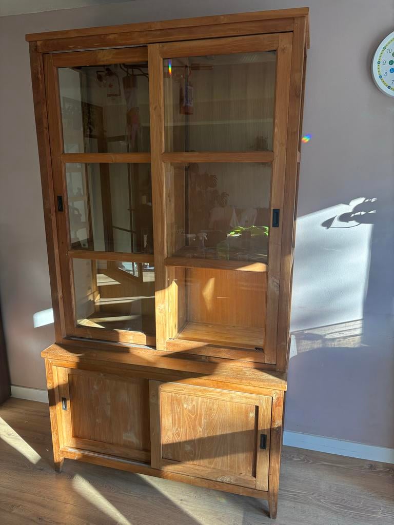 Teakhouten Vitrine/Buffetkast - White Rose - Glazen Zijkant, Ophalen, Gebruikt, 100 tot 150 cm, 200 cm of meer