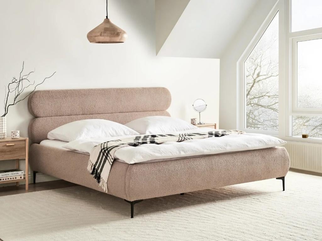 Bed Bouclé LESSAY 180 x 200 cm Taupe (nieuw in verpakking), Huis en Inrichting, Ophalen, Japandi, Beige, 180 cm