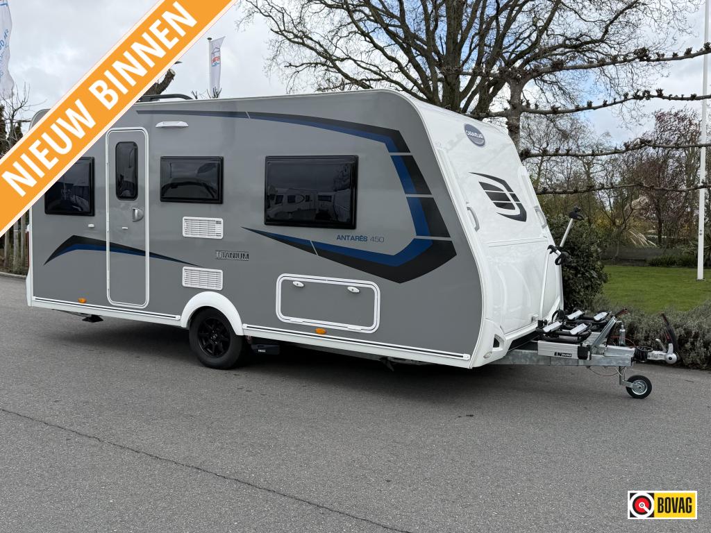 Caravelair Antares Titanium 455 Mover,fietsrek,enkel bed, Dwarsbed, Standaardzit, Schokbreker, Bedrijf