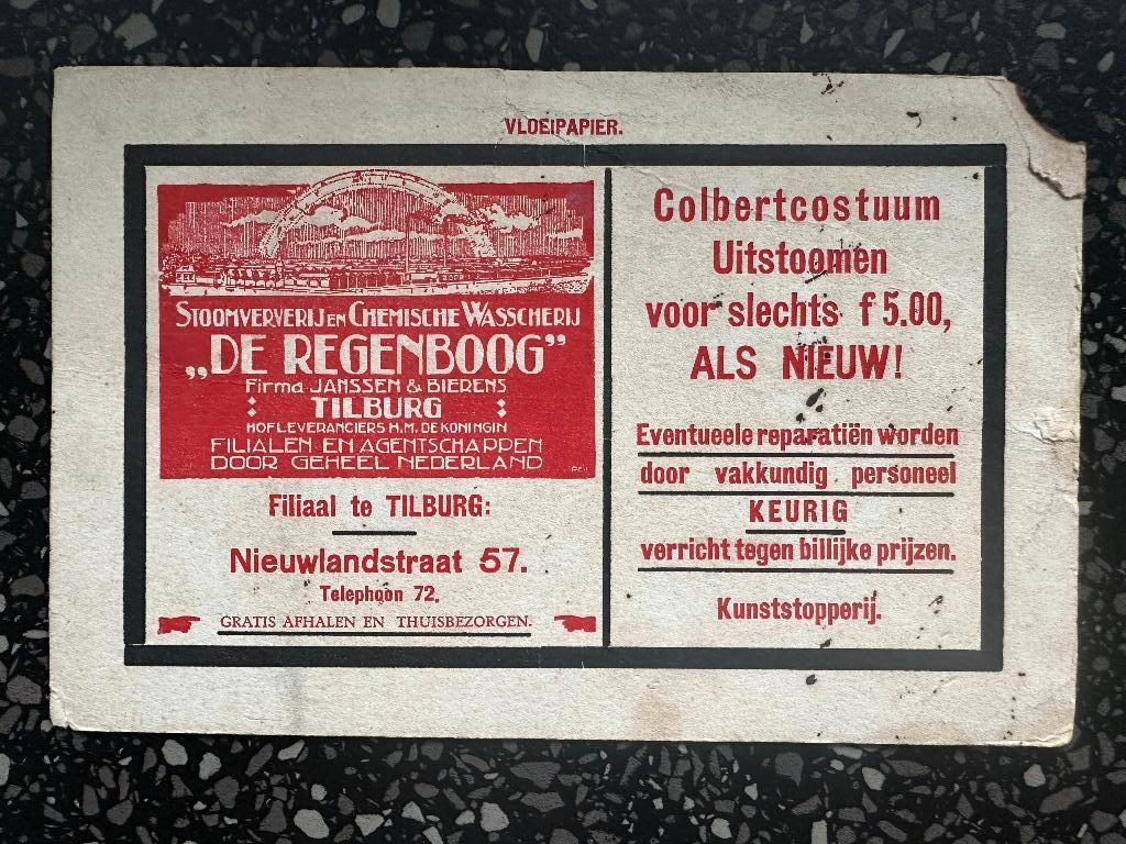 Vloeiblad De Regenboog Wasscherij Tilburg. Tel: 72. Stokoud., Verzamelen, Merken en Reclamevoorwerpen, Ophalen of Verzenden, Gebruikt