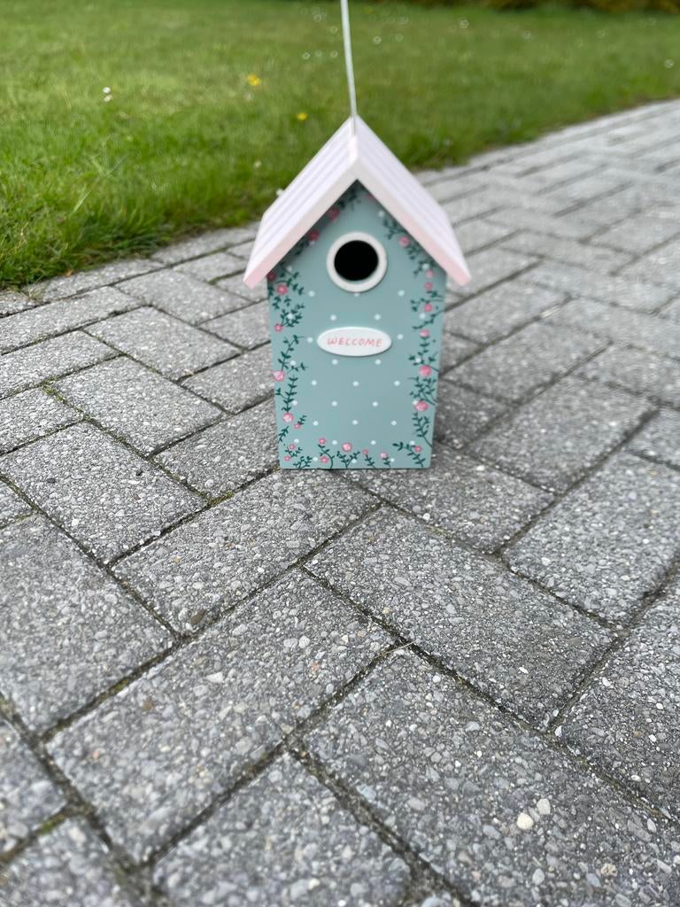 Decoratief vogelhuisje 'Welcome' - Mintgroen met roze, Ophalen, Zo goed als nieuw