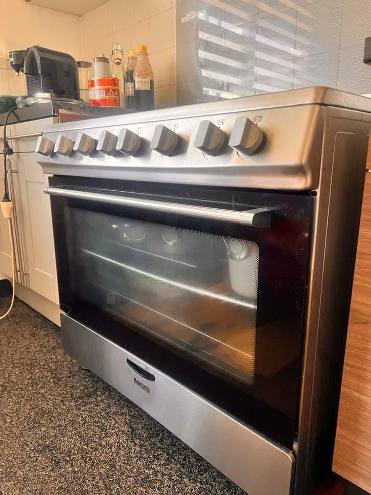 Gasfornuis Baumatic BCD903X, chroom rvs, Witgoed en Apparatuur, Fornuizen, Gebruikt, Vrijstaand, Gas, 4 kookzones, 90 tot 95 cm