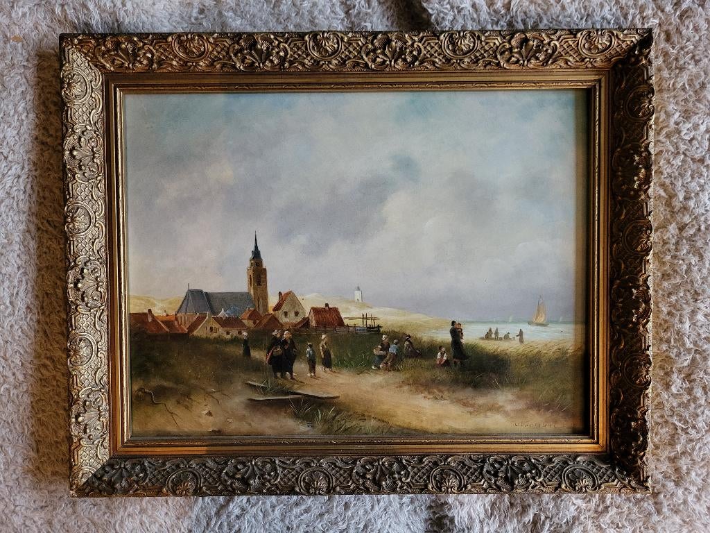 Schilderij A. Vermunt, uitzicht op Scheveningen, duin en zee, Antiek en Kunst, Ophalen of Verzenden