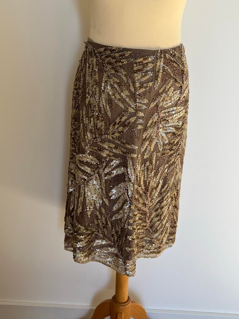 Valentino Vintage Rok met Palletjes en Kraaltjes - Maat 44, Kleding | Dames, Bruin, Maat 42/44 (L), Ophalen of Verzenden, Knielengte