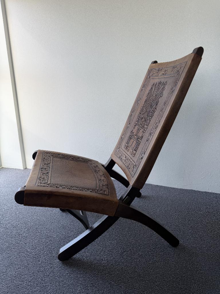 Vintage Aztec Maya lounge stoel leer hout design, Ophalen, Vintage klapstoel jaren 60/70., Gebruikt, .