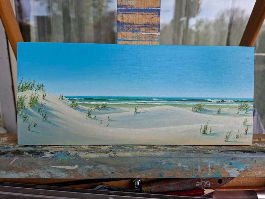 Zeegezicht olieverf 10x25cm, Antiek en Kunst, Kunst | Schilderijen | Klassiek, Ophalen of Verzenden