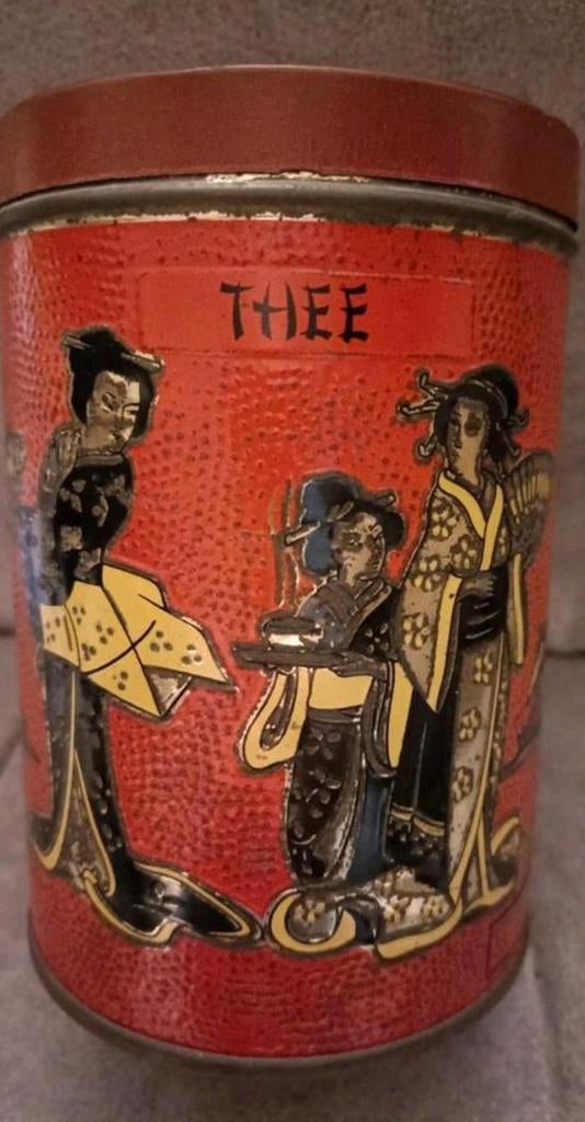 Vintage theeblik met Aziatische decoratie, Ophalen of Verzenden