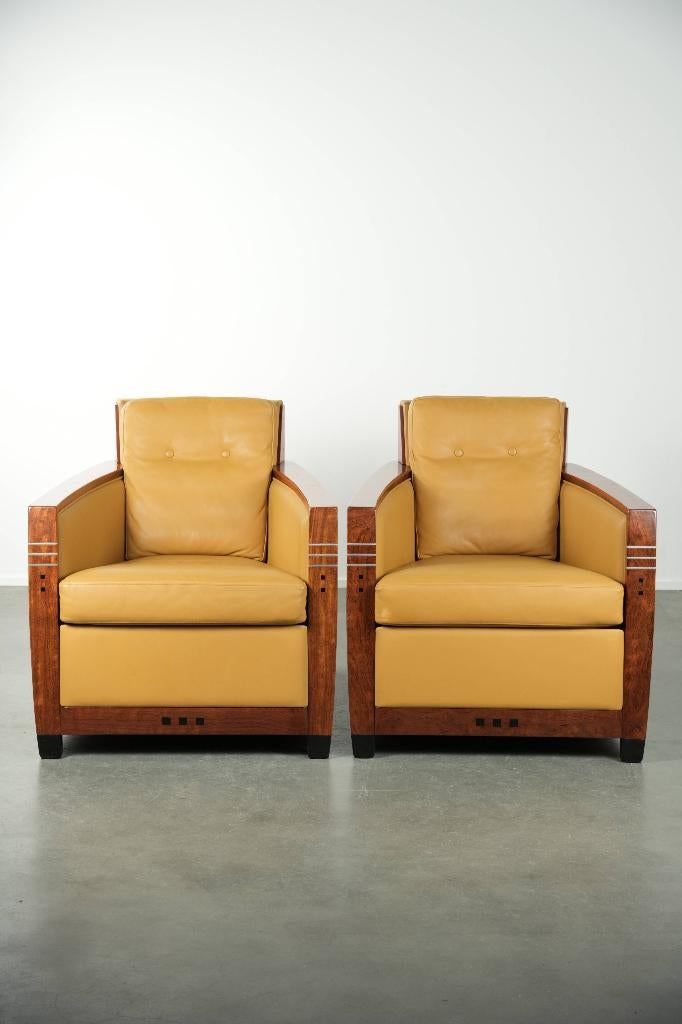 Set van twee gele rundleren Art Deco fauteuil van Schuitema, Huis en Inrichting, Fauteuils, Gebruikt, Hout, Leer, 50 tot 75 cm