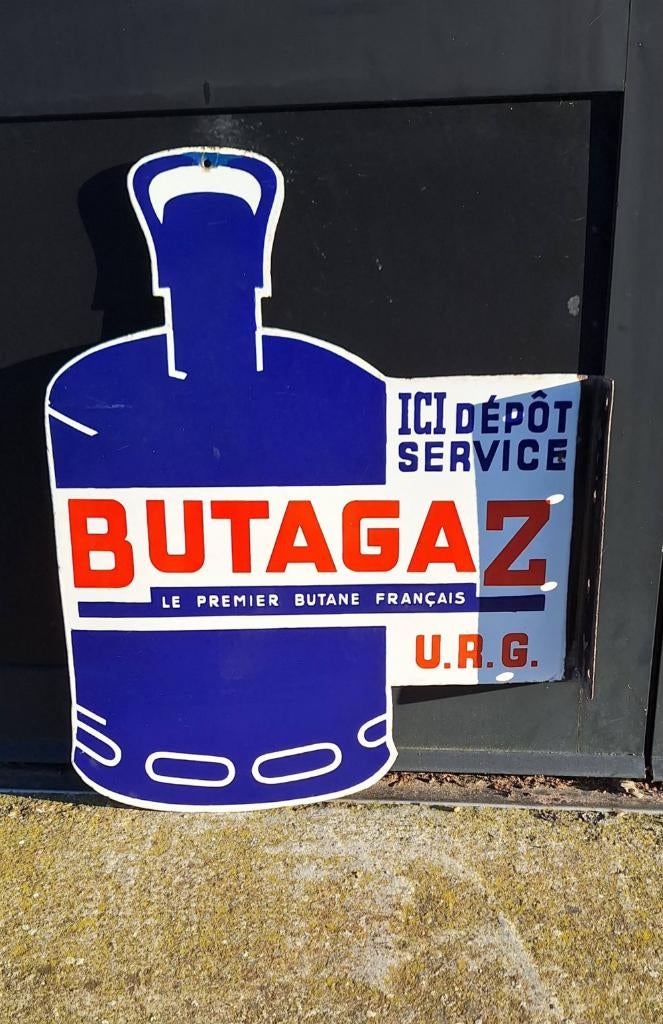 Vintage dubbelzijdig emaille reclamebord van Butagaz., Reclamebord, Gebruikt, ., Ophalen of Verzenden