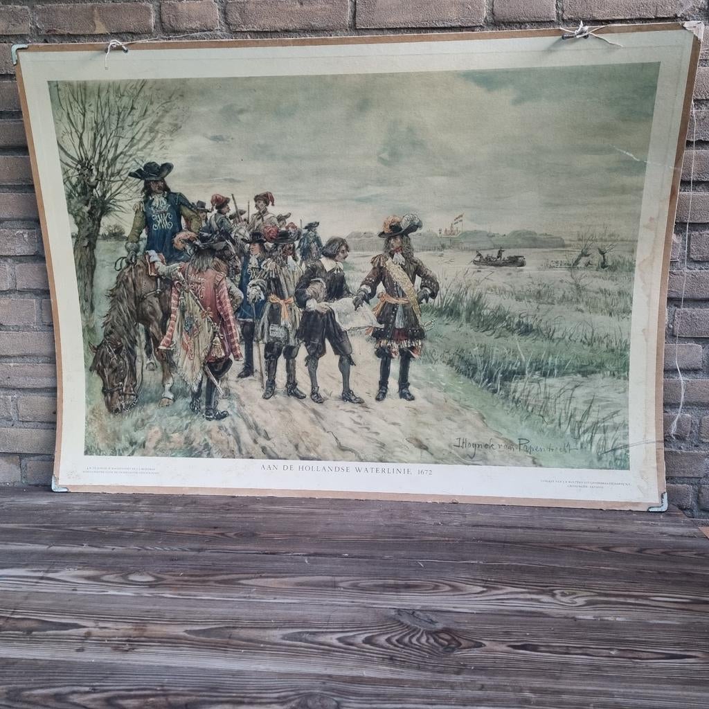 Oude schoolplaat middeleeuwen aan de Hollandse waterlinie, Antiek en Kunst, Antiek | Schoolplaten, Ophalen of Verzenden