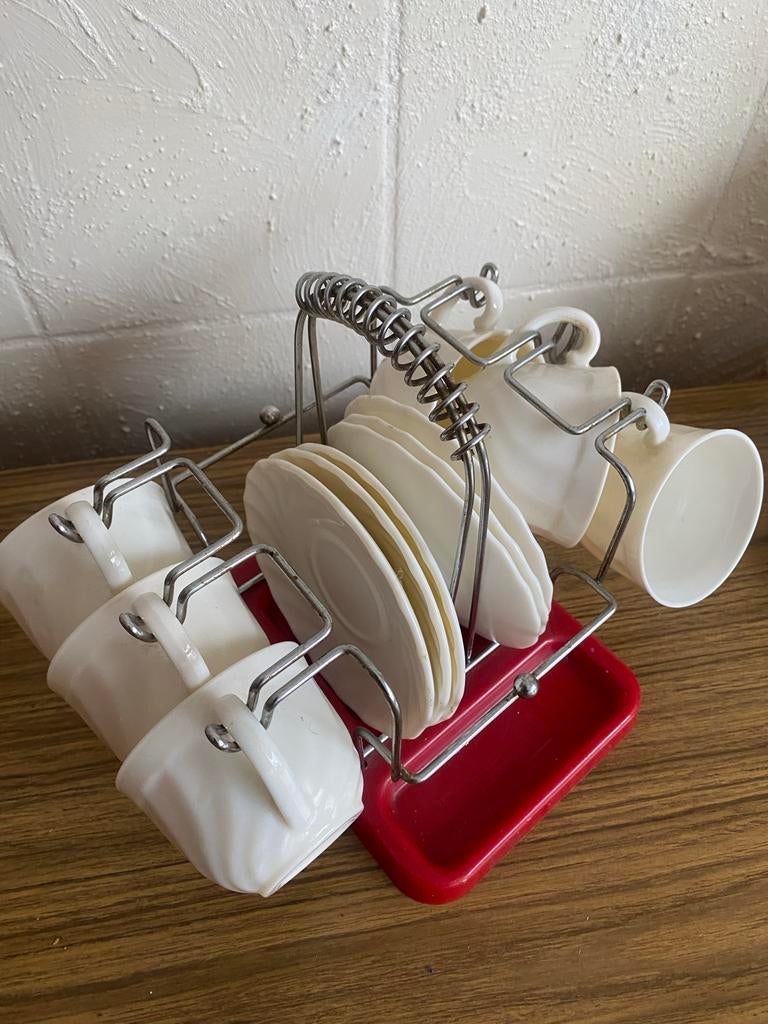 6 Vintage Arcopal France kopjes en houder, Antiek en Kunst, Antiek | Servies los, Ophalen of Verzenden