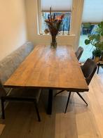 Mangohouten eettafel, zitbank en 2 stoelen (fauteuils), Huis en Inrichting, Complete eetkamers, Ophalen, Zo goed als nieuw