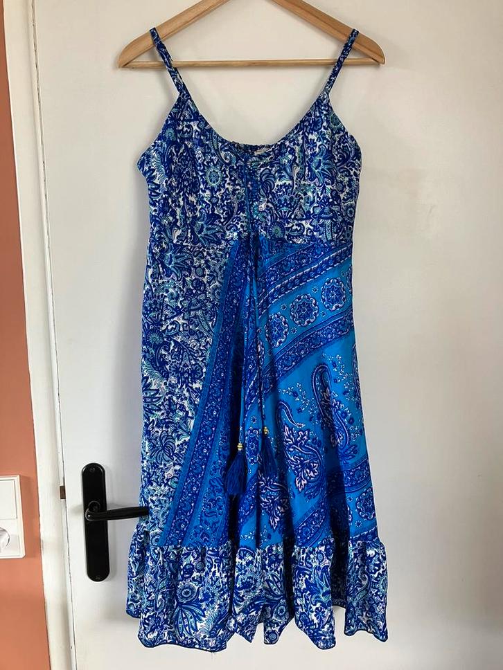Prachtige blauwe bohemien India jurk S/M/38, Kleding | Dames, Jurken, Zo goed als nieuw, Maat 38/40 (M), Blauw, Onder de knie