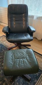 Relaxfauteuil leren donkerblauw met voetenbank, Ophalen, Gebruikt, 75 tot 100 cm, 50 tot 75 cm