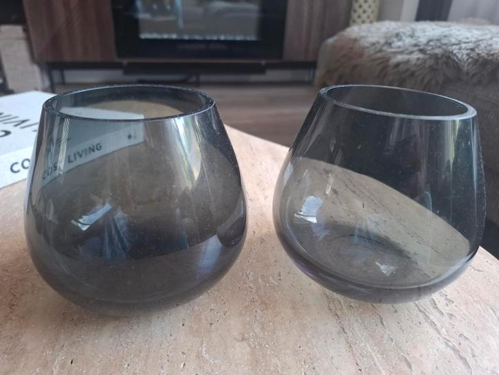 2x Smokey glazen windlicht, vaasje van Natuurlijk Bloemen, Huis en Inrichting, Woonaccessoires | Kandelaars en Kaarsen, Zo goed als nieuw