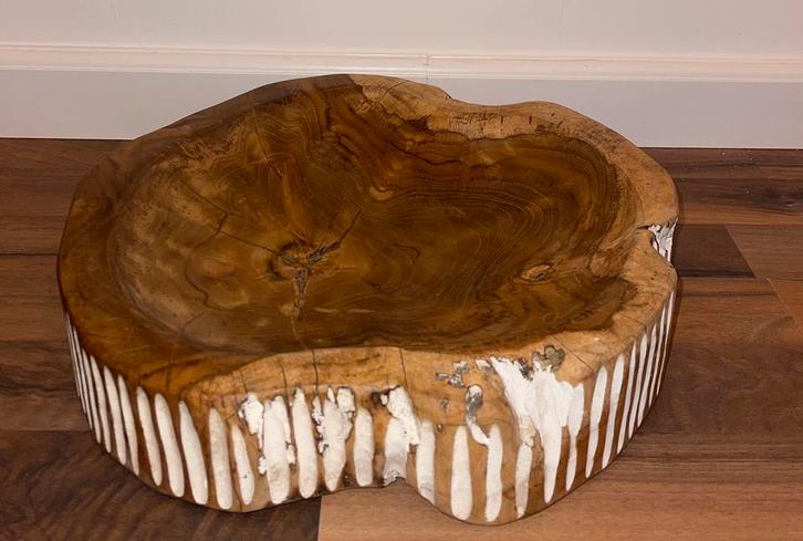 Houten schaal met witte strepen - ROND +/- 35cm, Antiek en Kunst, Kunst | Beelden en Houtsnijwerken, Ophalen of Verzenden