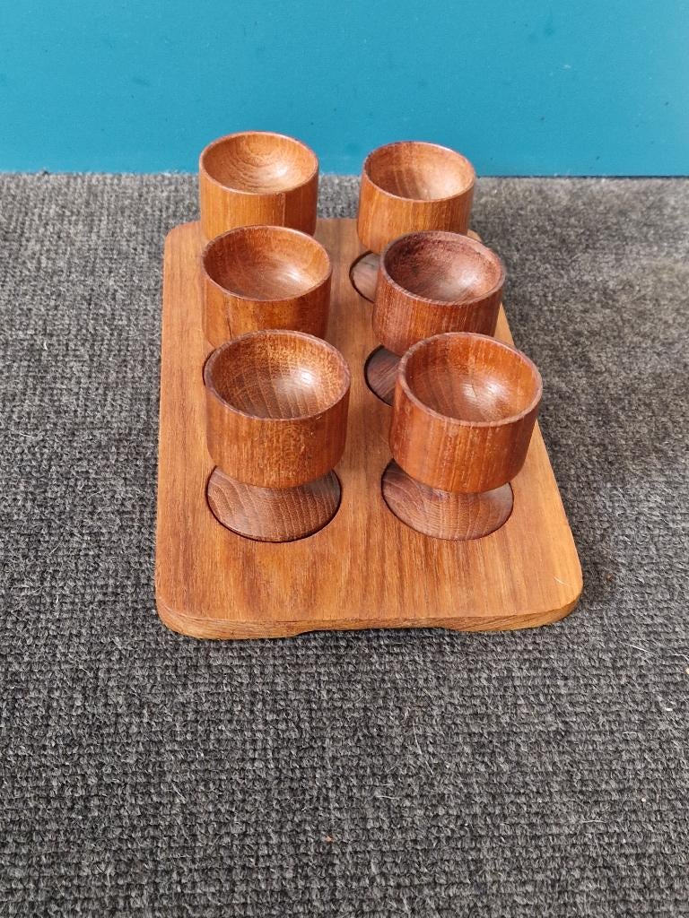 Vintage/Retro 7 Delig Houten Eierdopjes Set, Antiek en Kunst, Ophalen of Verzenden
