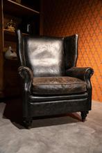 Oorfauteuil XL Zwart Vintage craqulee leer, Gebruikt, Landelijk Stoer, Leer, Ophalen of Verzenden