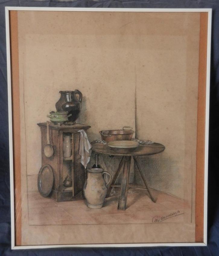 Krijttekening Interieurhoekje Elly (?) Dusseldorp 1890-1920, Antiek en Kunst, Kunst | Tekeningen en Foto's, Ophalen of Verzenden
