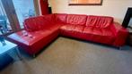 Montèl Rood Lederen Hoekbank met Lounge, Huis en Inrichting, Ophalen, 250 tot 300 cm, Gebruikt, 100 tot 125 cm