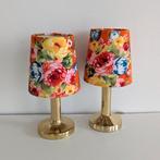 Vintage lampen Goud Messing voet en oranje gebloemde kap, Ophalen of Verzenden, Gebruikt, Metaal, Minder dan 50 cm
