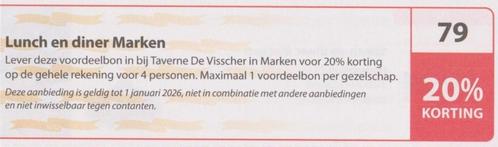 Lunch en diner Marken. 20% korting Postcodeloterij bon nr 79, Tickets en Kaartjes, Kortingen en Cadeaubonnen, Drie personen of meer