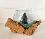 Unieke glazen vaas op houten voet, Blauw, Ophalen of Verzenden, Minder dan 50 cm, Glas