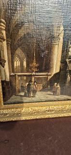 Schilderij: Kerkinterieur met Figuren, Antiek en Kunst, Ophalen of Verzenden