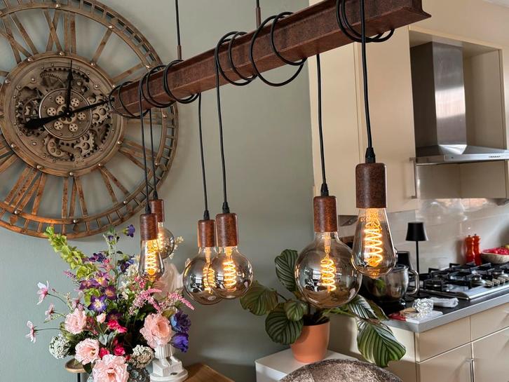 Moderne eettafellamp met 6 dimbare LED lampen, Huis en Inrichting, Lampen | Hanglampen, Zo goed als nieuw, 75 cm of meer, Glas