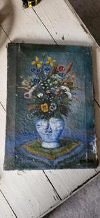 Oud blauw bloem schilderijtje op doek, Ophalen of Verzenden
