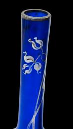 Prachtige jugendstil kobalt blauw glazen & zilveren vaas, Verzenden