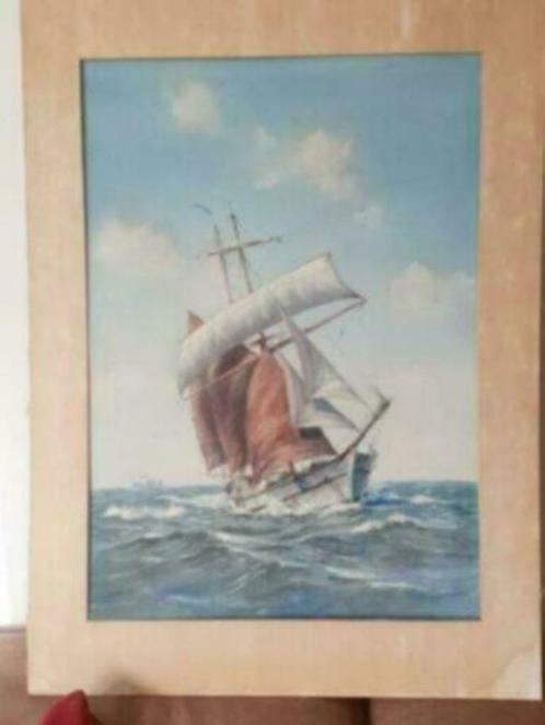 Prachtige aquarel van zeilschip en stoomboot gesigneerd., Antiek en Kunst, Kunst | Schilderijen | Klassiek, Ophalen