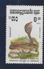 Fauna - Dieren - Slang - Kampuchea - 0.30 riel - gebr, Ophalen of Verzenden, Gestempeld, Dier of Natuur